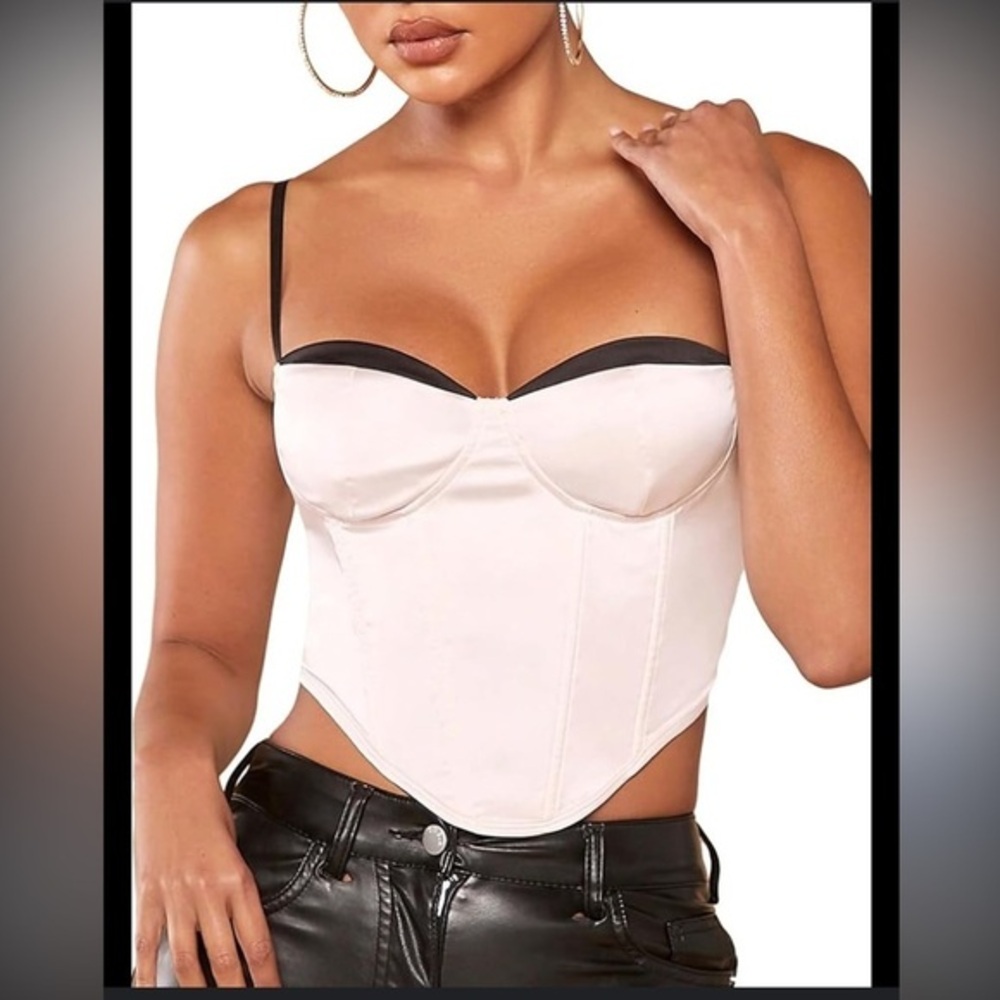 NWT SHEIN Bae Black and White Corset Crop Top Size 6, M, Sexy Satin Date Night